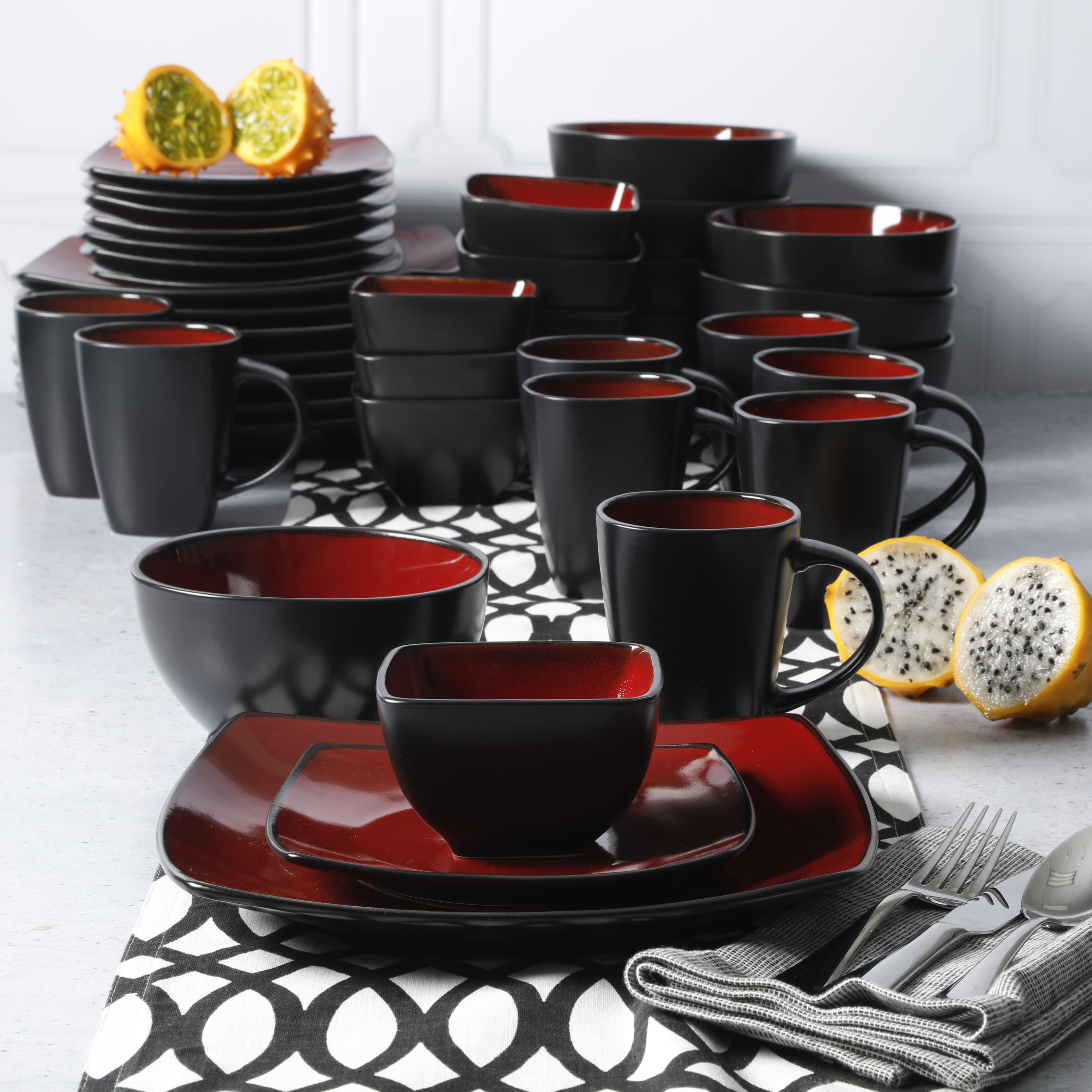 Lounge 16-Piece Square Reactive sale Glaze Dinnerware Set, Red